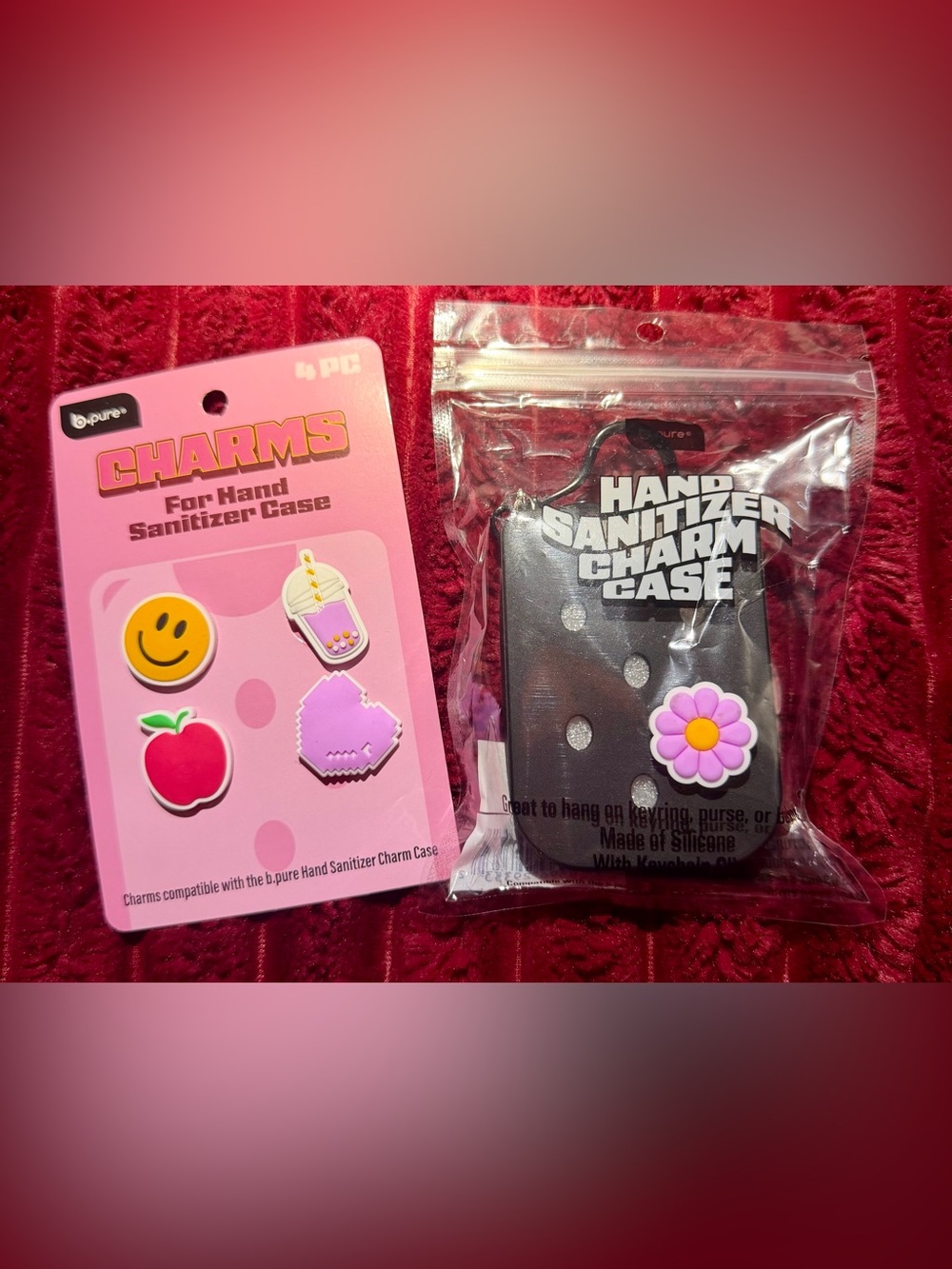 b.pure Black Hand Sanitizer Charm Case with Pink Flower Charm